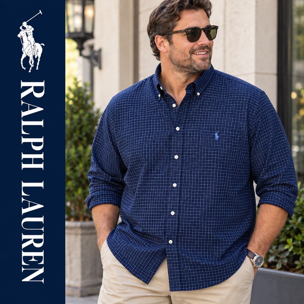 Ralph Lauren Blake Shirt Mens XXL Navy Blue Check Long Sleeve Cotton Button Down
